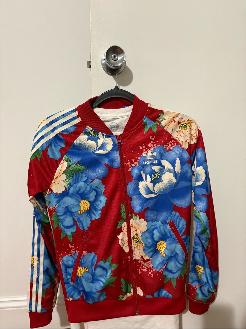 adidas Red Floral Track Jacket with Blue Blooms